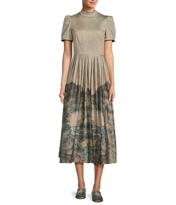 Antonio Melani x Jennifer Sumko Bec Landscape Printed Sateen Mock Neck Short Puff Sleeve Pleated A-Line Midi Dress