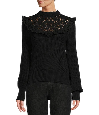 Antonio Melani x Jennifer Sumko Catherine Woven Yarn Ruffle Lace Mock Neck Long Sleeve Sweater