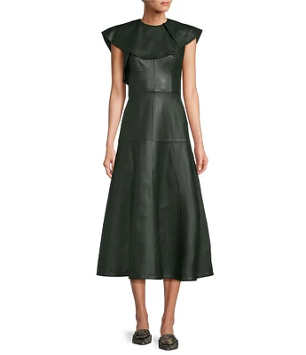 Antonio Melani x Jennifer Sumko Emi Genuine Leather Round Neck Ruffle Top Sleeveless A-Line Midi Dress