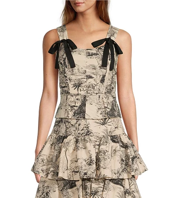 Antonio Melani x Jennifer Sumko Hillary Toile Print Sateen Scoop Neck Bow Tie Tank Strap Peplum Coordinating Top