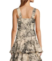 Antonio Melani x Jennifer Sumko Hillary Toile Print Sateen Scoop Neck Bow Tie Tank Strap Peplum Coordinating Top