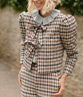 Antonio Melani x Jennifer Sumko Isabella Check Plaid Round Neck Puffed Long Sleeve Tie Front Quilted Coordinating Jacket