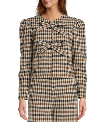 Antonio Melani x Jennifer Sumko Isabella Check Plaid Round Neck Puffed Long Sleeve Tie Front Quilted Coordinating Jacket