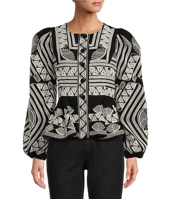 Antonio Melani x Jennifer Sumko Kathleen Embroidered Twill Crew Neck Button Front Puffed Long Sleeve Peplum Quilted Jacket