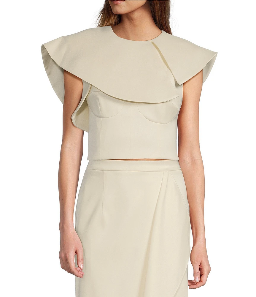 Antonio Melani x Jennifer Sumko Lucia Satin Twill Ruffle Round Neck Crop Coordinating Top