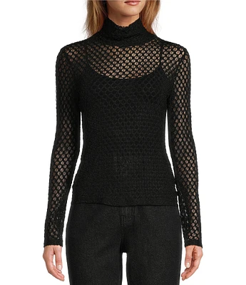 Antonio Melani x Jennifer Sumko Midge Puckered Dot Lace Turtleneck Long Sleeve Top