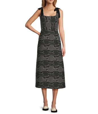 Antonio Melani x Jennifer Sumko Schwan Scroll Print Quilting Sqaure Neck Bow Tie Tank Straps A-Line Midi Dress