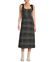 Antonio Melani x Jennifer Sumko Schwan Scroll Print Quilting Sqaure Neck Bow Tie Tank Straps A-Line Midi Dress