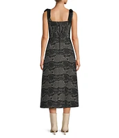 Antonio Melani x Jennifer Sumko Schwan Scroll Print Quilting Sqaure Neck Bow Tie Tank Straps A-Line Midi Dress