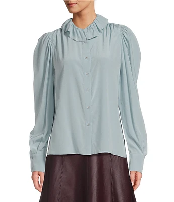 Antonio Melani x Jennifer Sumko Suzanna Crepe De Chine Silk Ruffled Peter Pan Collar Button Front Long Sleeve Blouse