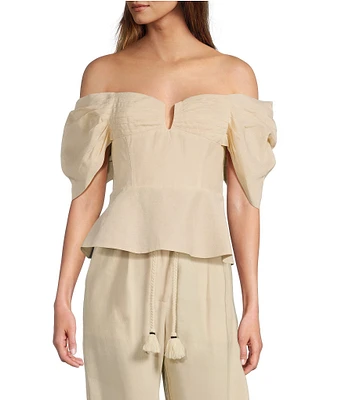Antonio Melani x Style by Simkins Coordinating Lynn Linen Blend Off the Shoulder Short Sleeve Top