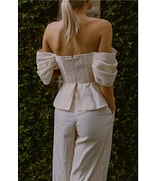 Antonio Melani x Style by Simkins Coordinating Lynn Linen Blend Off the Shoulder Short Sleeve Top