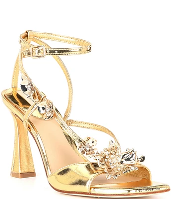 Antonio Melani Zoee Metallic Leather Flower Embellished Ankle Strap Dress Sandals