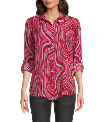APNY Abstract Print Spread Collar Long Sleeve Button Down Shirt
