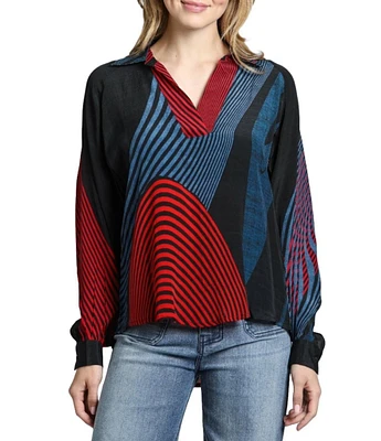 APNY Abstract Stripe Print V-Neckline Long Flounce Sleeve Blouse