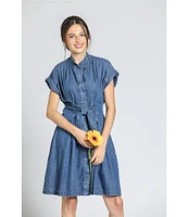 APNY Banded Collar Short Sleeve Button Front Shirt Dress