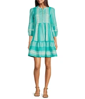 APNY Bohemian Embroidered Split V-Neck 3/4 Sleeve Tiered A-Line Dress