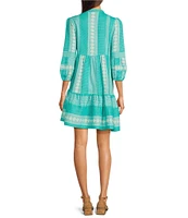 APNY Bohemian Embroidered Split V-Neck 3/4 Sleeve Tiered A-Line Dress
