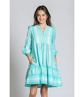 APNY Bohemian Embroidered Split V-Neck 3/4 Sleeve Tiered A-Line Dress