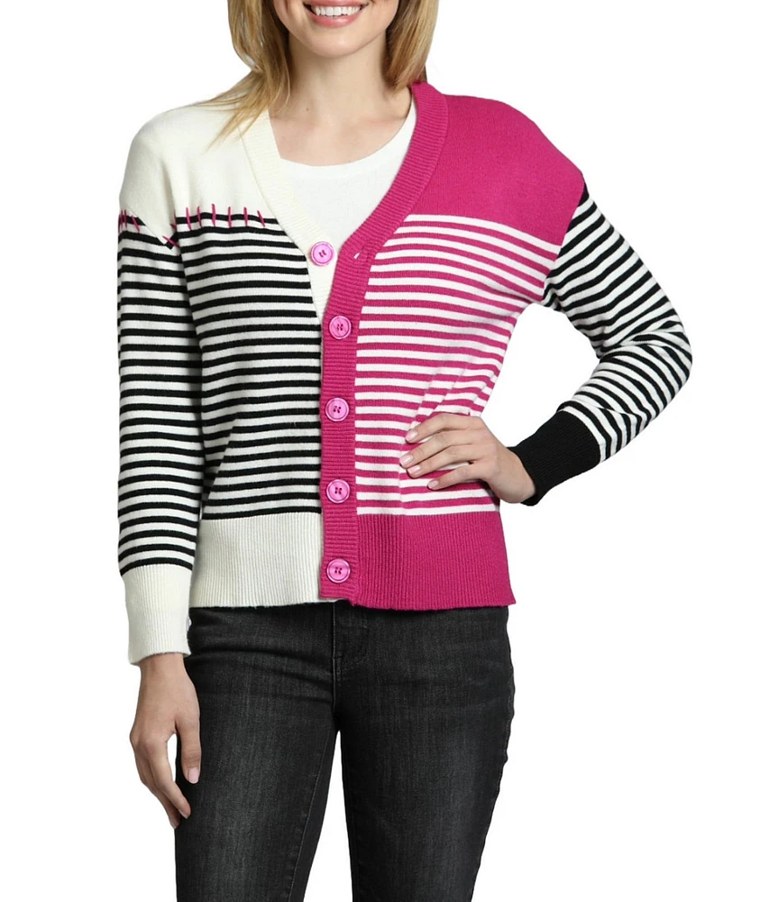 APNY Color Block V-Neck Long Sleeve Cardigan