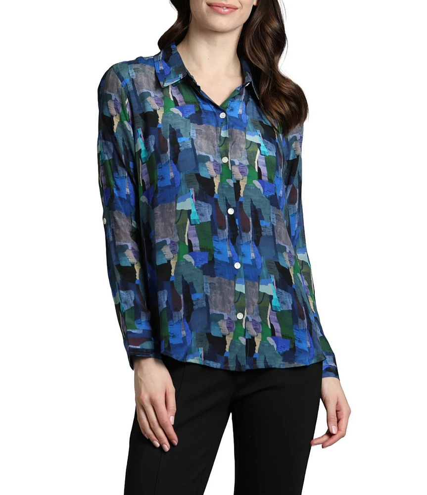 APNY Color Brushstrokes Collared Long Sleeve Button Up Top