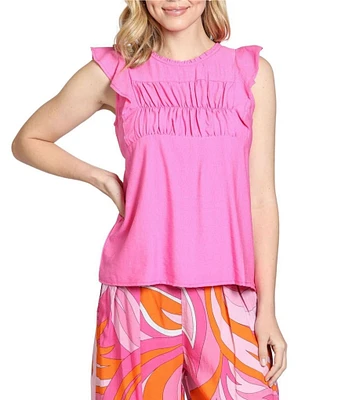 APNY Crinkle Woven Round Neck Cap Flutter Sleeve Top