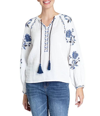 APNY Embroidered V-Neck Long Sleeve Top