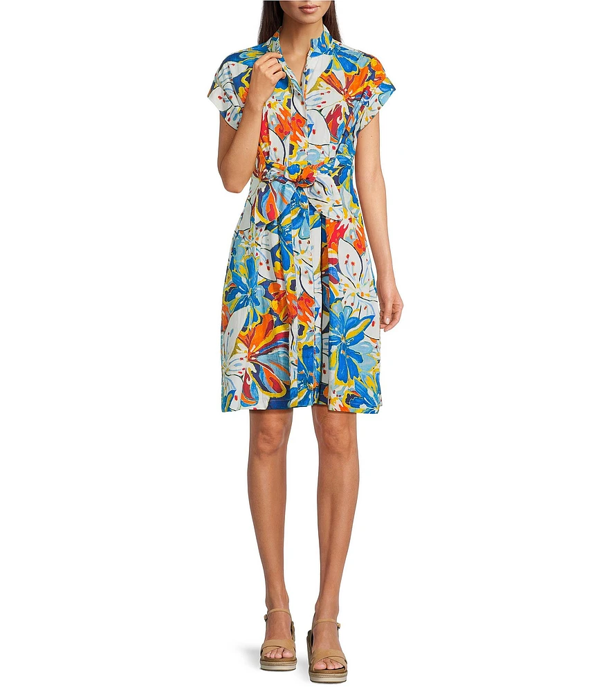 APNY Floral Print Mandarin Collar Short Sleeve Tie Shirt Dress