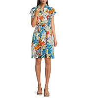 APNY Floral Print Mandarin Collar Short Sleeve Tie Shirt Dress