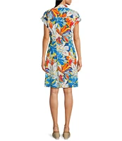 APNY Floral Print Mandarin Collar Short Sleeve Tie Shirt Dress