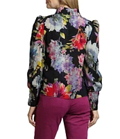 APNY Floral Print Ruched Collar Puff Long Sleeve Top