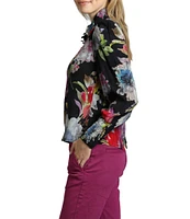 APNY Floral Print Ruched Collar Puff Long Sleeve Top