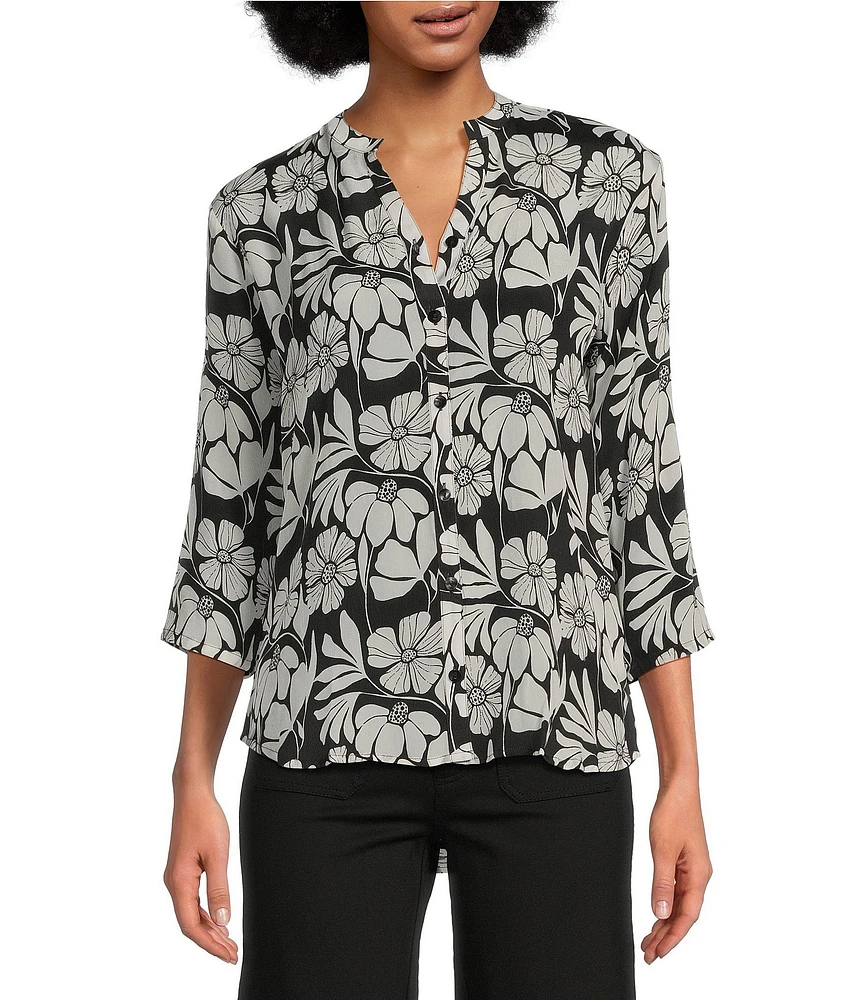 APNY Floral Print Split V-Neck 3/4 Sleeve Button-Front Blouse
