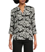 APNY Floral Print Split V-Neck 3/4 Sleeve Button-Front Blouse