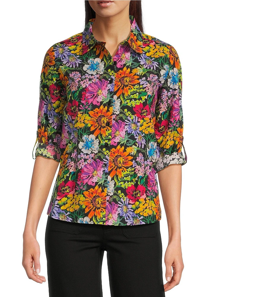 APNY Floral Print Spread Collar Long Sleeve Button Front Shirt