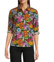 APNY Floral Print Spread Collar Long Sleeve Button Front Shirt
