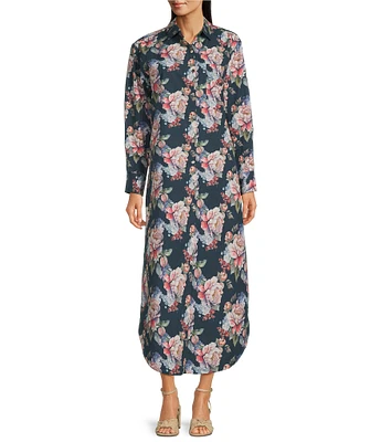 APNY Floral Print Spread Collar Long Sleeve Shirt Dress