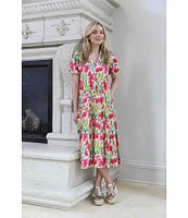 APNY Floral Print V-Neck Short Puff Sleeve Maxi Shirt Dress