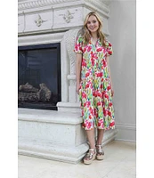 APNY Floral Print V-Neck Short Puff Sleeve Maxi Shirt Dress