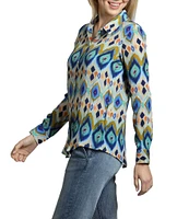 APNY Geometric Stripe Print Spread Collar Long Roll-Tab Sleeve Blouse