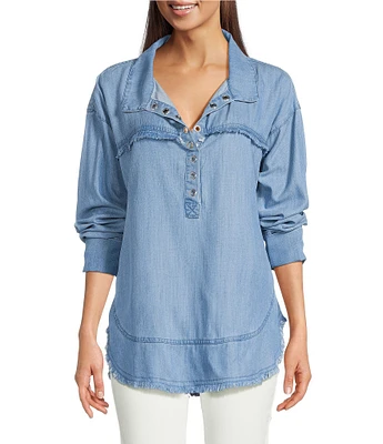 APNY Henley Long Sleeve Frayed Hemline Grommet Blouse