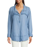 APNY Henley Long Sleeve Frayed Hemline Grommet Blouse