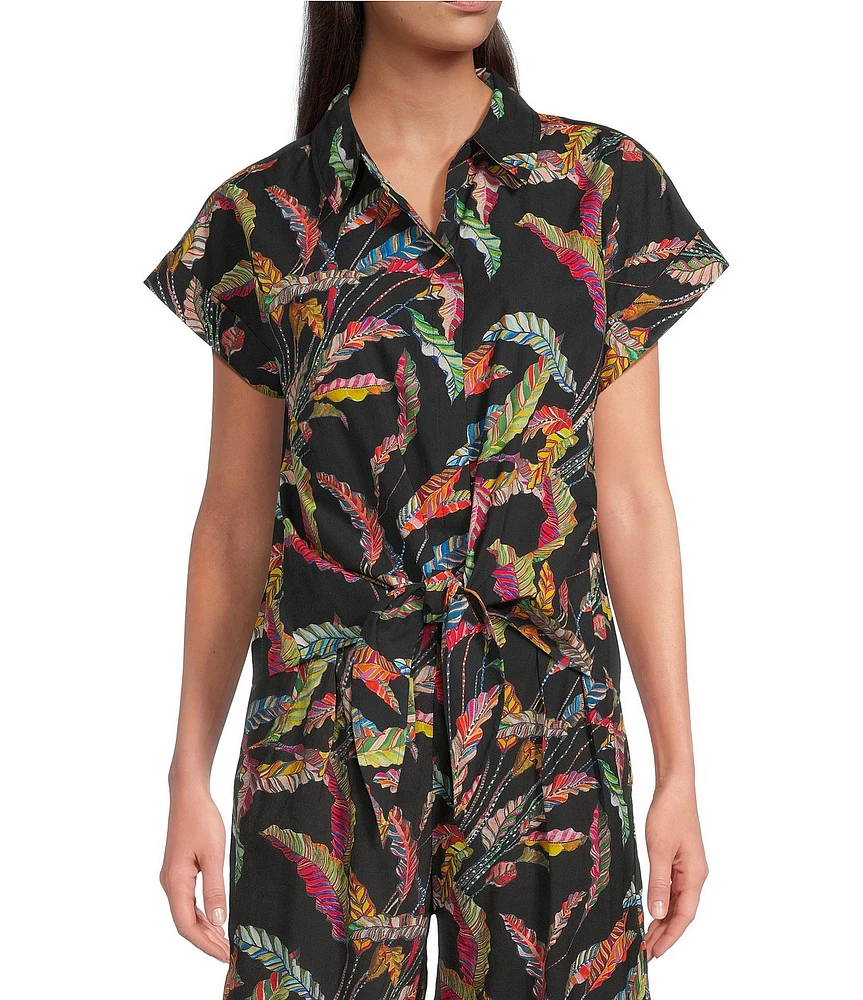 APNY Leaf Print Spread Collar Short Sleeve Tie-Front Camp Shirt