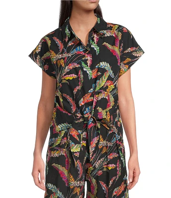 APNY Leaf Print Spread Collar Short Sleeve Tie-Front Camp Shirt