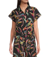 APNY Leaf Print Spread Collar Short Sleeve Tie-Front Camp Shirt