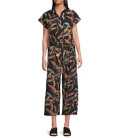 APNY Leaf Print Spread Collar Short Sleeve Tie-Front Camp Shirt