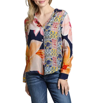 APNY Mixed Media Collared Long Sleeve Button Up Top