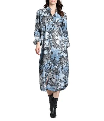 APNY Printed Collar Long Sleeve Shirt Dress