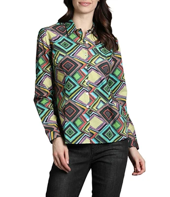 APNY Printed Collared Long Sleeve Button Up Top