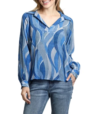 APNY Printed Collared V-Neck Long Sleeve Blouse